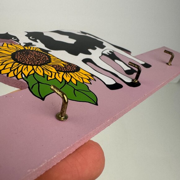 Vtg Thin Wood Cow Sunflower Pink Purple Wall Key Holder Lightweight Hooks READ - Picture 11 of 12